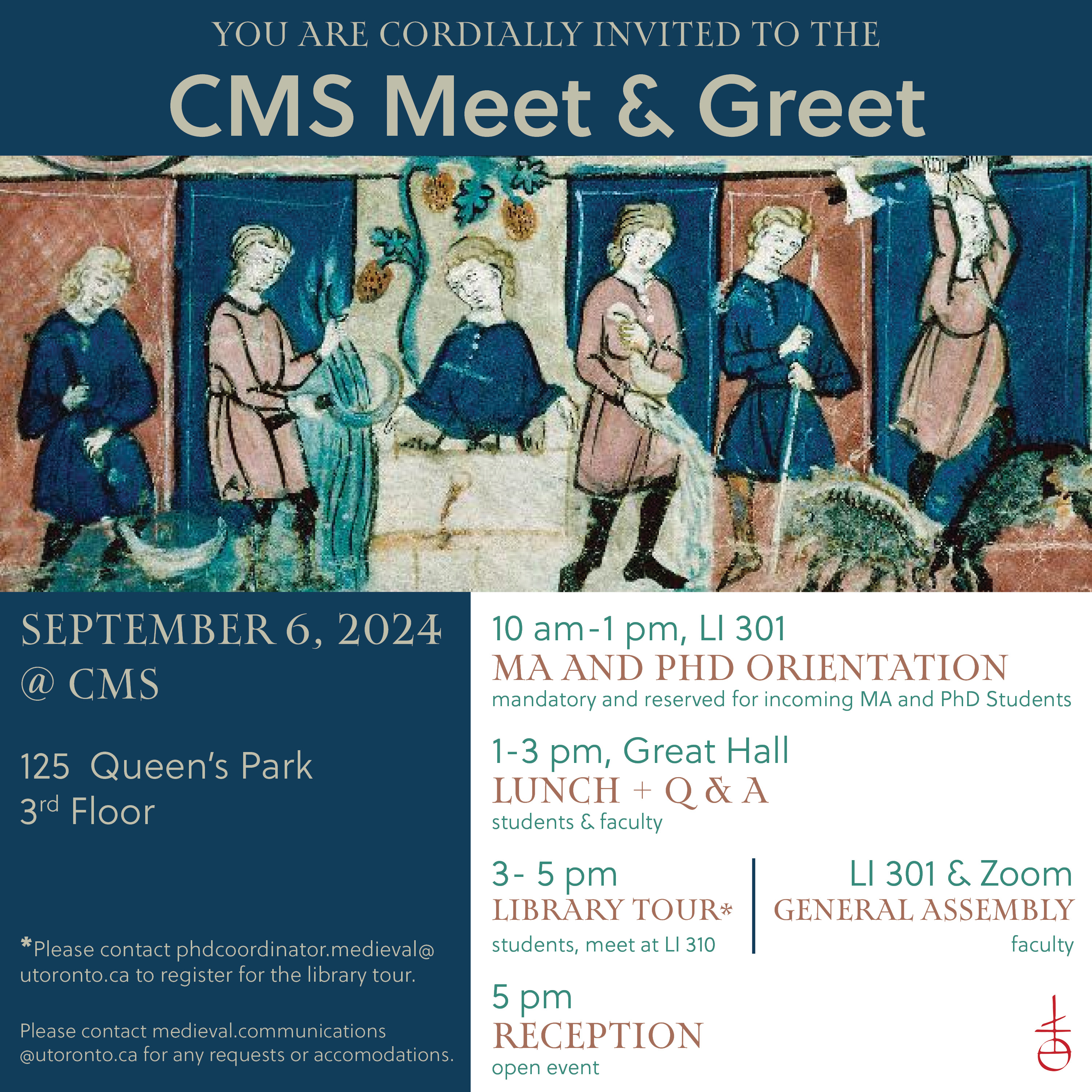 Meet &amp; Greet Flyer with medieval illumination of 6 figures with scythes, cutting grape vines