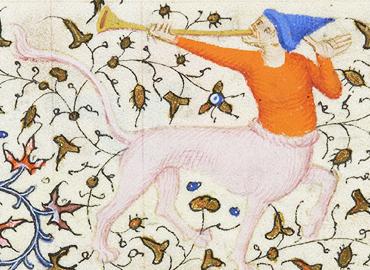 medieval illumination of a centaur blowing a trumpet