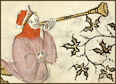 medieval illumination of a figure blowing a trumpet