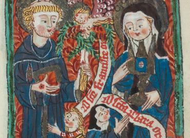 medieval illumination of children clutching to religious figures