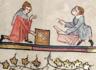 medieval illumination of two figures rolling dice