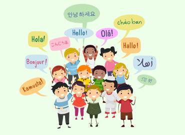 cartoon drawing of children using speech bubbles saying hello in various languages